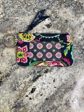 Vera Bradley Navy Floral Coin Zip ID Card Holder Keychain